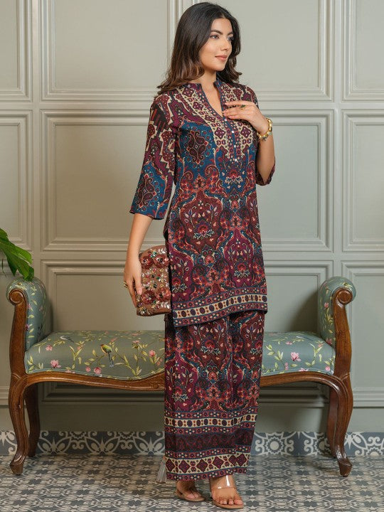 AUTUMN LANE Tashvika Jay Printed Mandarin Collar Pure Cotton Tunic With Palazzo Co-Ords