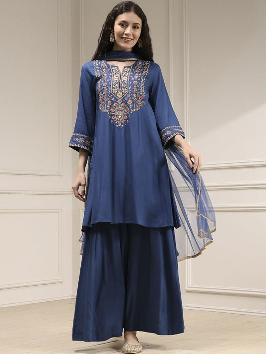 Biba Floral Yoke Design Notch Neck Sequinned Kurta With Palazzo & Dupatta