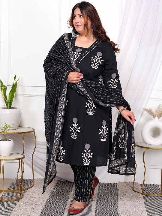Doriyaan Plus Size Floral Printed V-Neck Pure Cotton Kurta With Trousers And Dupatta