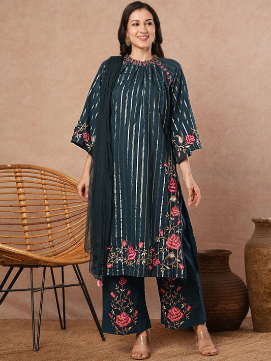 FASHOR Women Floral Embroidered Pleated Pure Cotton Kurta with Palazzos & With Dupatta
