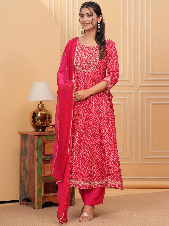 TOULIN Bandhani Printed Regular Mirror Work Kurta With Trousers & Dupatta