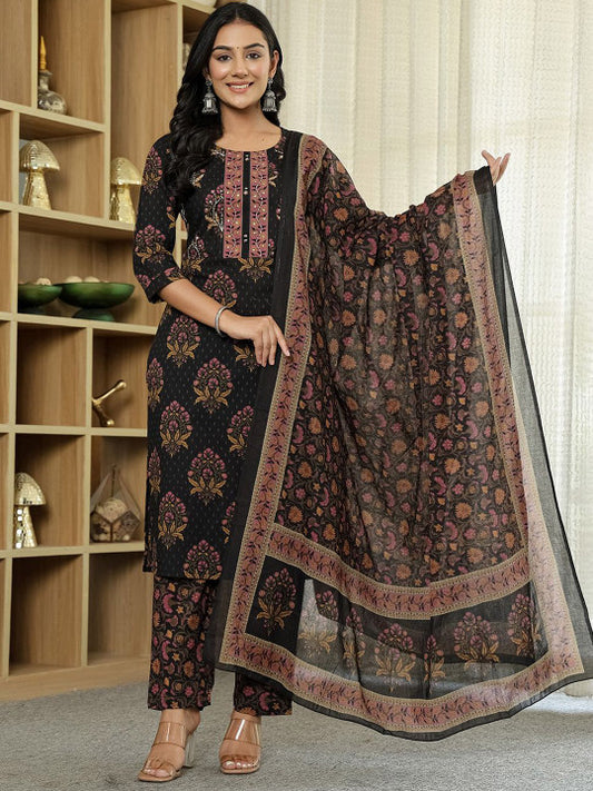 Yufta Women Ethnic Motifs Embroidered Regular Kantha Work Pure Cotton Kurta with Trousers & With Dupatta