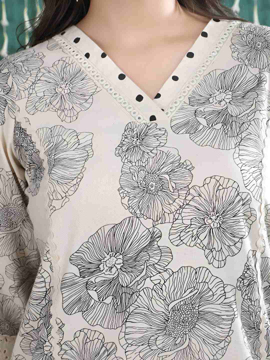 Bani Women Women Beige Floral Print Pure Cotton Kurta Set with Embroidered Detailing