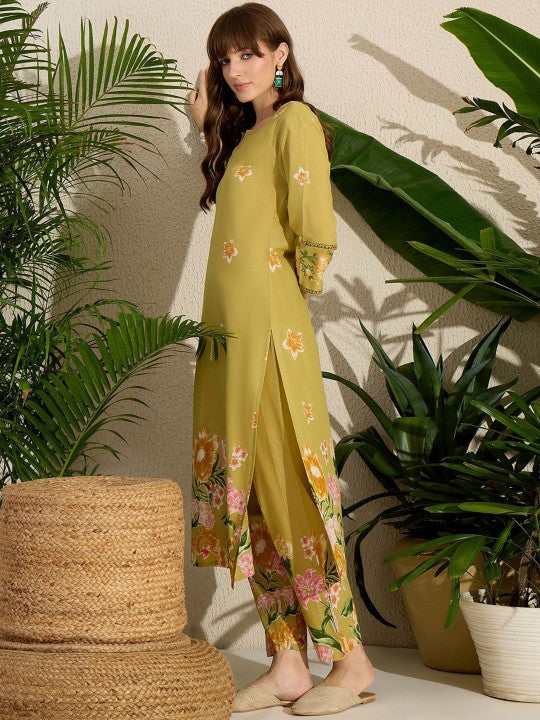 Indo Era Printed Notch Neck Straight Pure Cotton Kurta With Pants