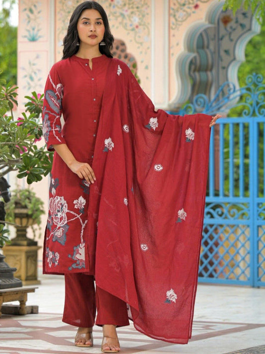 AUTUMN LANE Women Floral Printed Regular Pure Cotton Kurta with Trousers & Dupatta