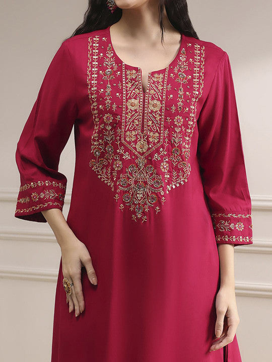 Biba Ethnic Motifs Yoke Design Notch Neck Straight Kurta With Sharara & Dupatta