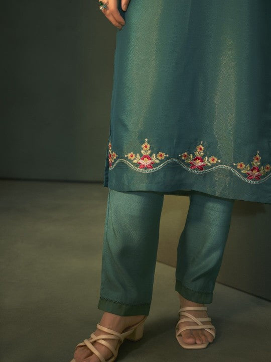 AUTUMN LANE Floral Embroidered Thread Work Straight Kurta with Trouser & Dupatta