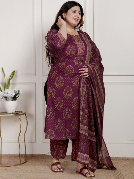 Swasti Women Cotton Maroon Ethnic Motifs Printed Regular Kurta Set