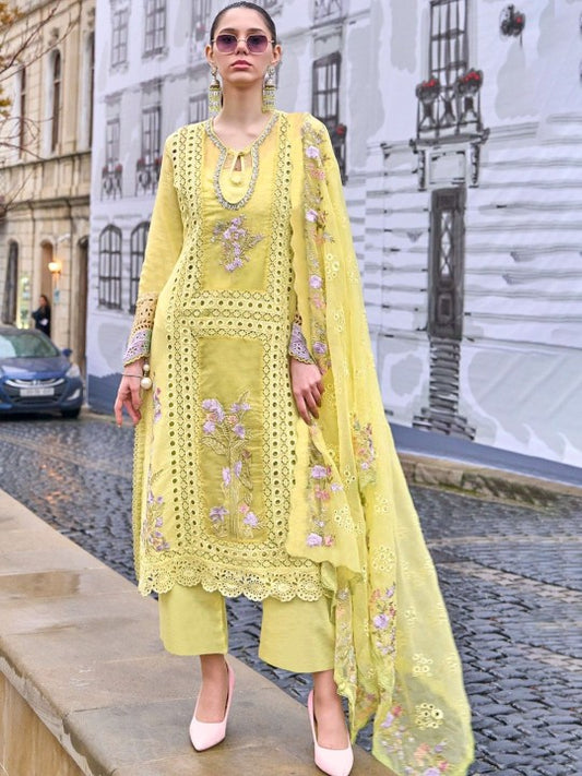 AUTUMN LANE Floral Embroidered Pure Cotton Straight Kurta With Trousers And Dupatta