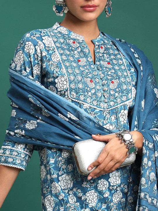 Floral Printed Pure cotton Mandarin Collar Straight Kurta With Trouser & Dupatta