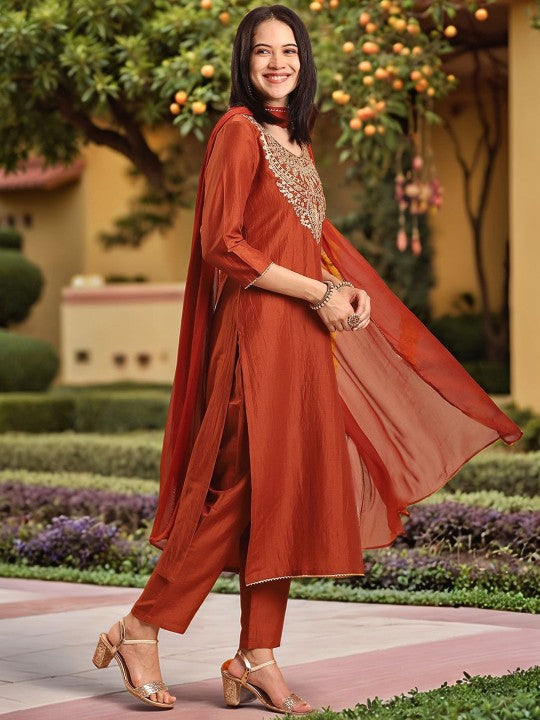 Floral Yoke Design Thread Work Kurta With Trousers & Dupatta