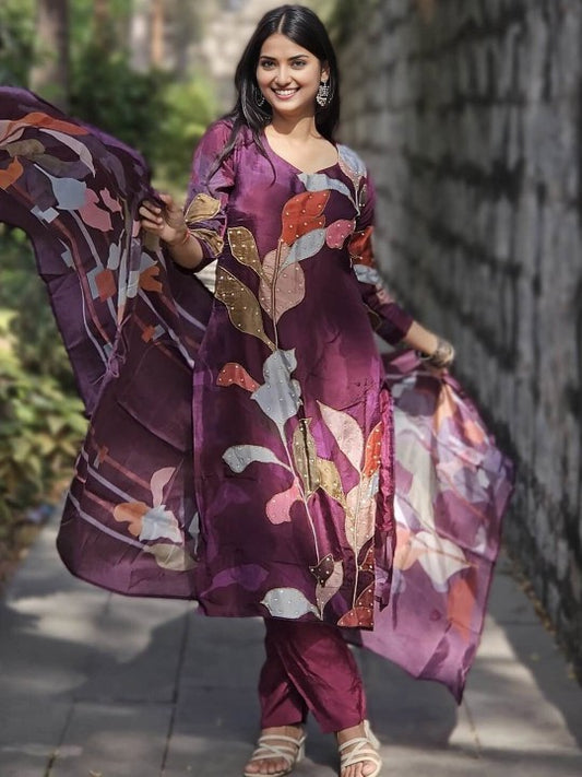 Amodra Women Floral Embroidered Beads and Stones Pure Cotton Kurta with Trousers & Dupatta