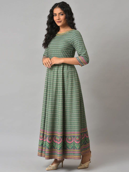 W Women Checked Maxi Fit and Flare Ethnic Dresses