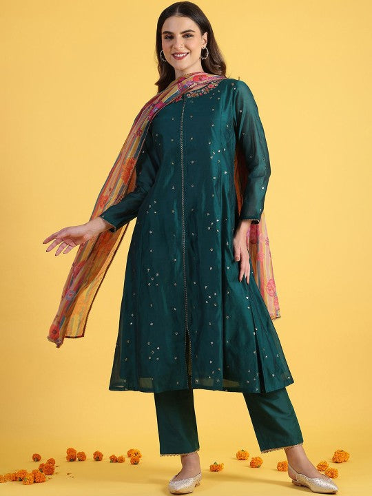 W Green Ethnic Motifs Embroidered Notch Neck A-Line Kurta