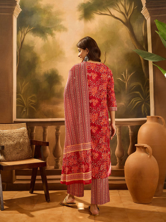 Floral Printed V-Neck Sequinned Cotton Straight Kurta With Trouser & Dupatta