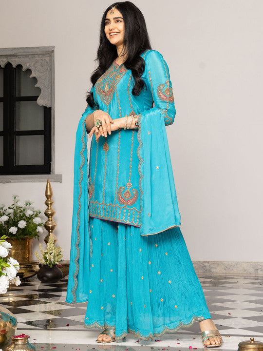 CHHAAP Women Ethnic Motifs Embroidered Regular Sequinned Kurta with Palazzos & Dupatta