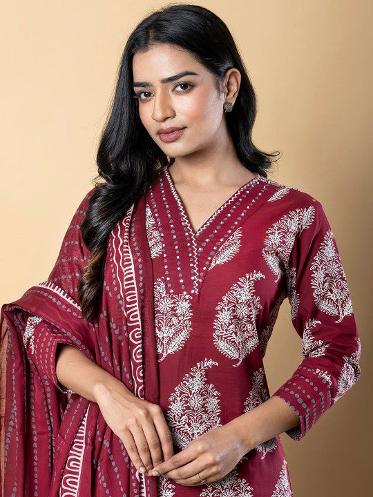 Floral Printed V-Neck Pure Cotton Straight Kurta With Palazzos & Dupatta