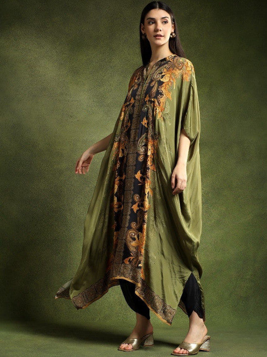 Printed Kaftan Sequinned Pure Silk Kurta With Trouser