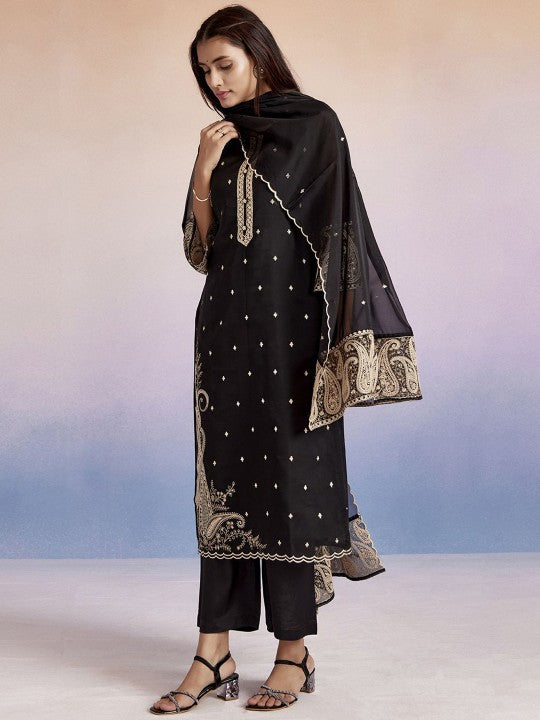 Jaipur Kurti Paisley Embroidered Round Neck Straight Kurta With Palazzos & Dupatta