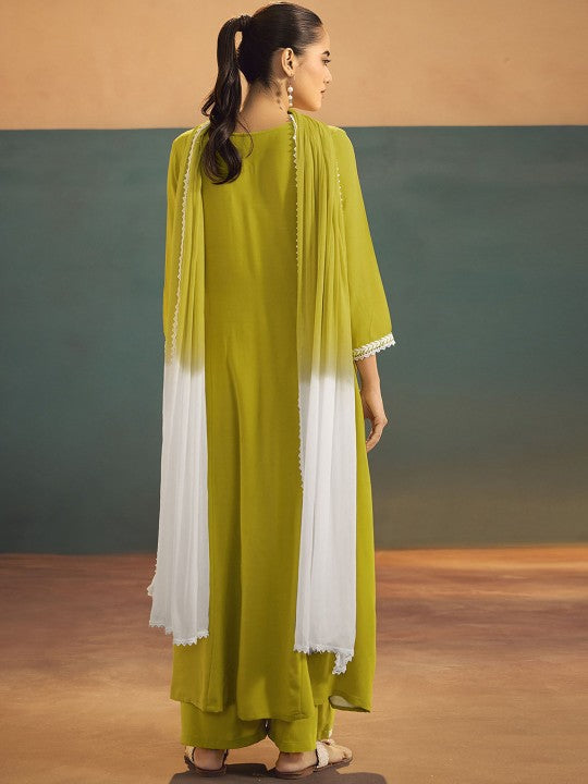 Anouk Floral Embroidered Round Neck Thread Work A-Line Kurta & Palazzos With Dupatta