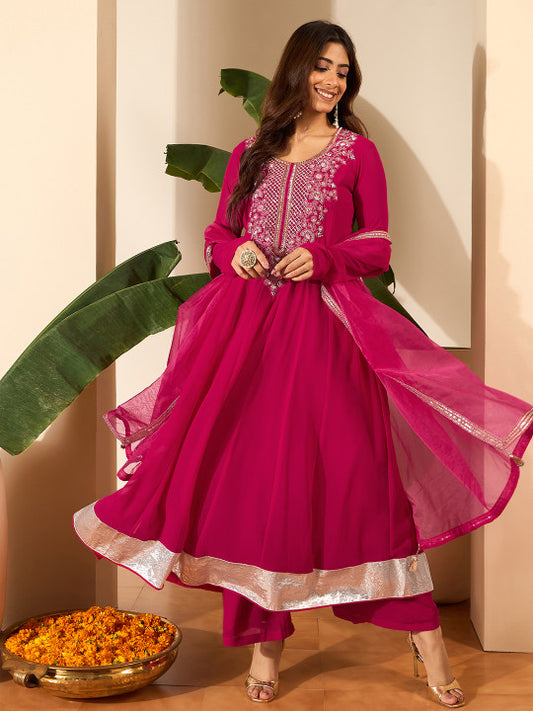 Inddus Floral Embroidered Anarkali Thread Work Kurta With Palazzos & Dupatta