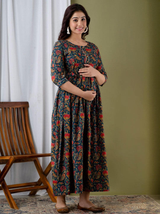 BHAGLI Floral Printed Mandarin Collar A-Line Maternity Ethnic Dresses