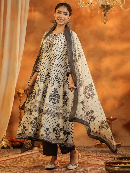 Floral Printed Pure Cotton Kurta With Trousers & Dupatta