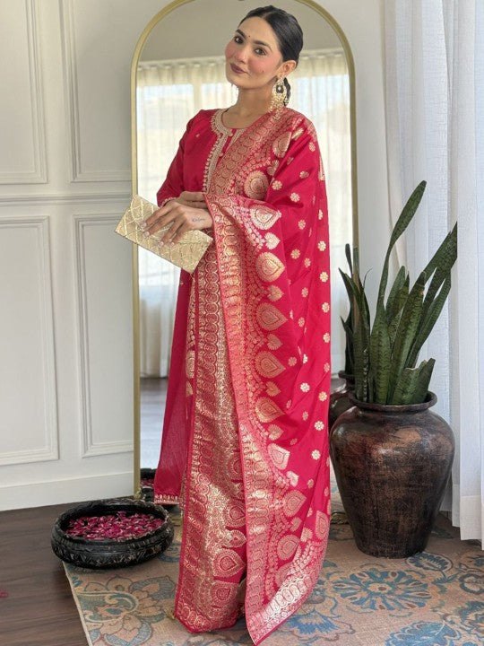 DEVATITHI Floral Embroidered Round Neck Straight Kurta With Trousers & Dupatta