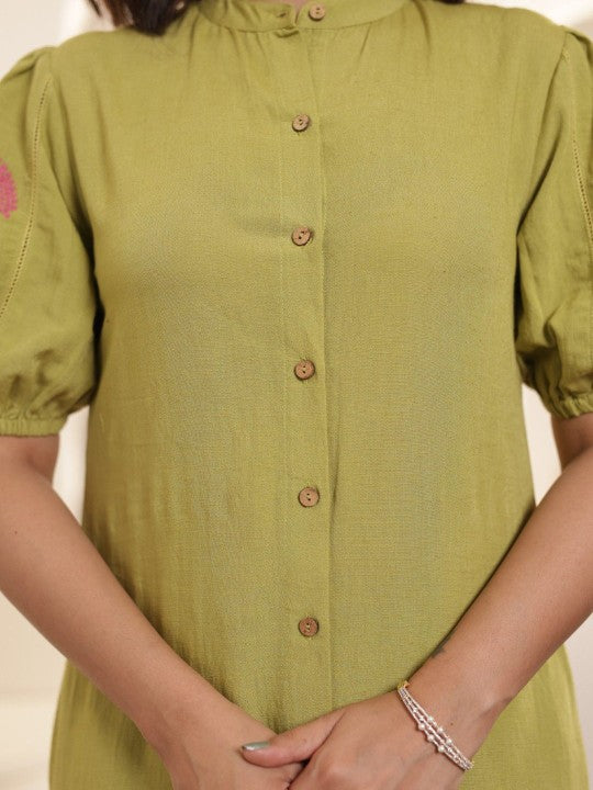AUTUMN LANE Band Collar Puffed Sleeves Pure Cotton Top with Trouser Co-Ords