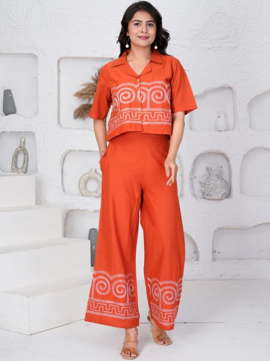 JALTHER Embroidered Pure Cotton Shirt Collar Neck Top & Palazzo Co-Ords