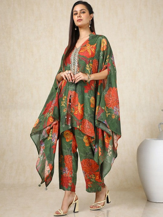 Floral Printed V-Neck Three-Quarter Sleeves Top With Trouser