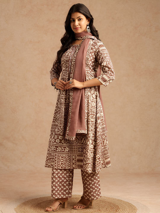Vbuyz Women Ethnic Motifs Printed Cotton A-Line Kurta with Palazzos & Dupatta