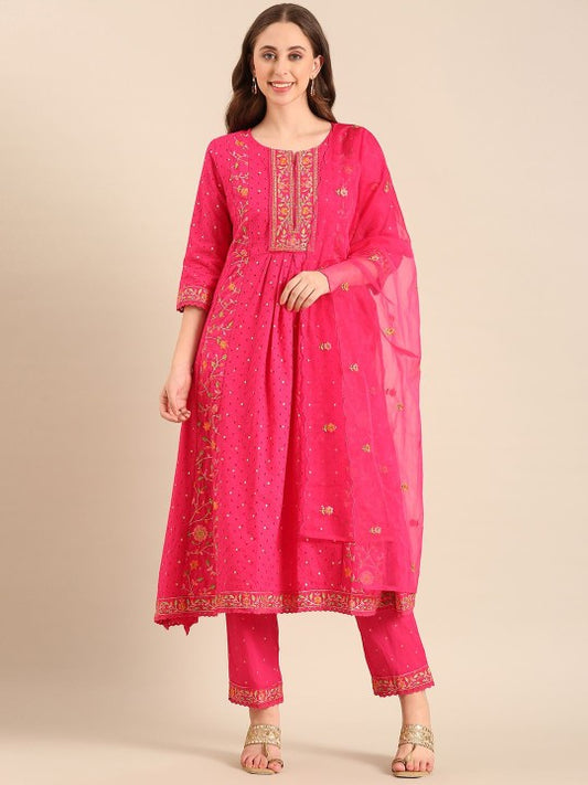 Anouk Women Floral Embroidered Pure Cotton Kurta Set With Dupatta