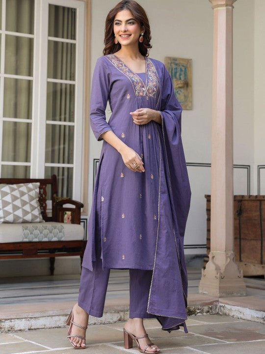 Women Floral Embroidered Pleated Sequinned Pure Cotton Kurta