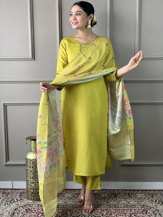 Floral Yoke Design Thread Work Round Neck Straight Kurta With Trousers & Dupatta