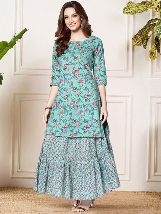 Printed Round Neck Top With Skirt Co-Ords