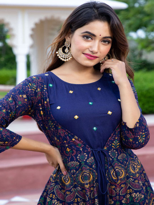 ftDiva Floral Printed Round Neck Fit & Flare Ethnic Dress