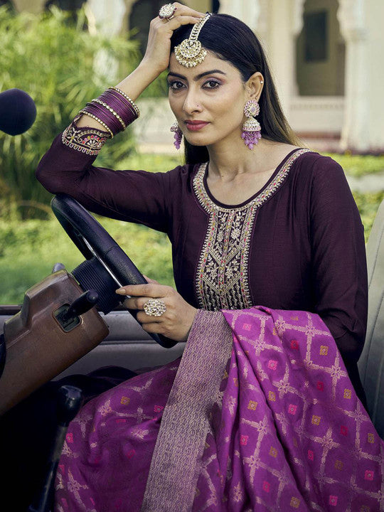 CHHAAP Women Floral Embroidered Pleated Sequinned Kurta with Trousers & With Dupatta