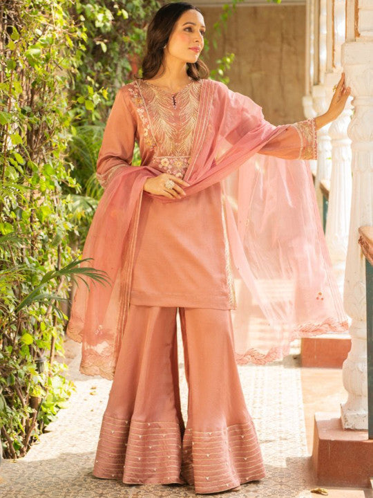 AJIESH OBEROI Women Floral Embroidered Kurta with Sharara & Dupatta