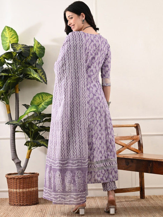 DHROOV TARA Printed Regular Thread Work Pure Cotton Kurta with Trousers & Dupatta