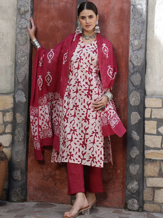 Taavi Floral Bagru Printed V-Neck Straight Kurta & Trouser with Dupatta