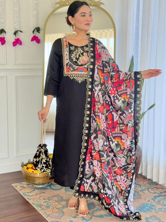 ASCIIBLUES Women Ethnic Motifs Embroidered Regular Kurta with Trousers & With Dupatta