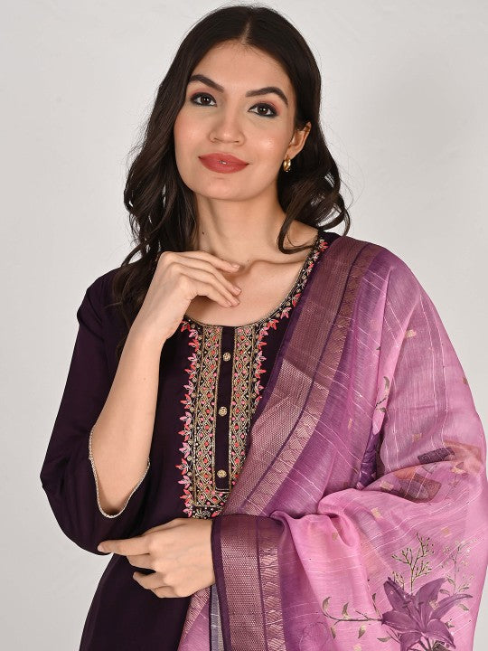 Girly Girls Floral Embroidered Straight Pure Cotton Kurta with Palazzos & Dupatta