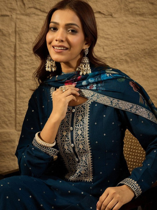 House of Pataudi Floral Printed Zari Pure Silk Anarkali Kurta