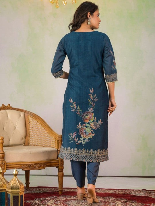 AUTUMN LANE Women Floral Embroidered Cotton Kurta with Trousers & Dupatta