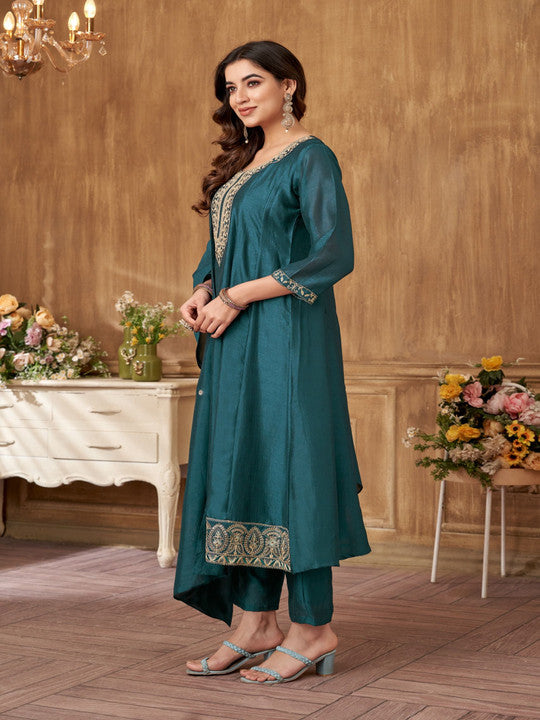VEDANT VASTRAM Floral Embroidered Sequinned Silk Georgette Kurta With Trouser & Dupatta