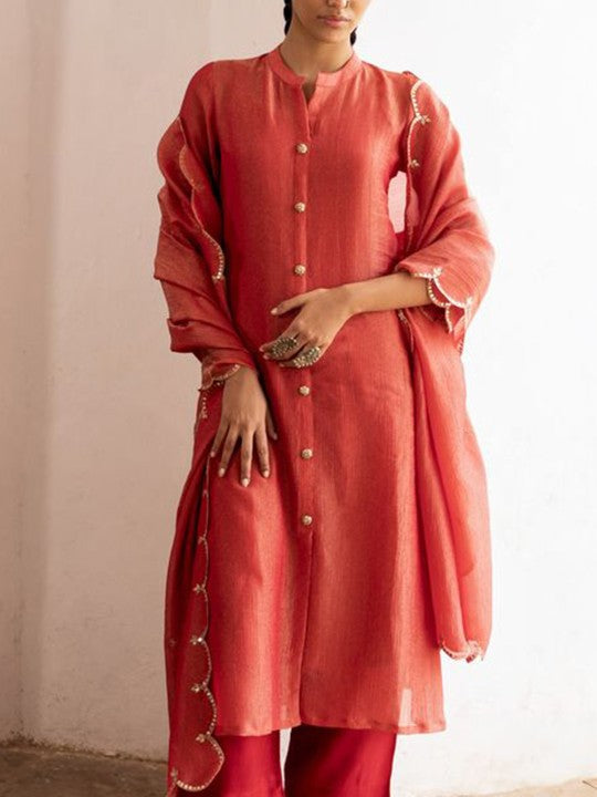 Mandarin Collar Sequinned Chanderi Cotton Kurta