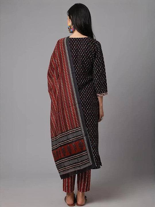 Ethnic basket Women Black Cotton Blend Kurta Sets With Dupatta