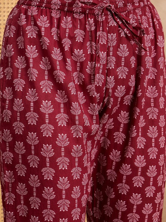 ANEKYA Floral Printed Shirt Collar Three-Quarter Sleeves Pure Cotton Top With Trouser