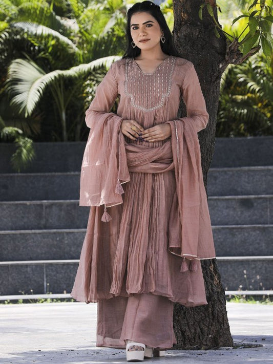 AAHRA Geometric Yoke Design Sequinned Square Neck Chanderi Silk Kurta